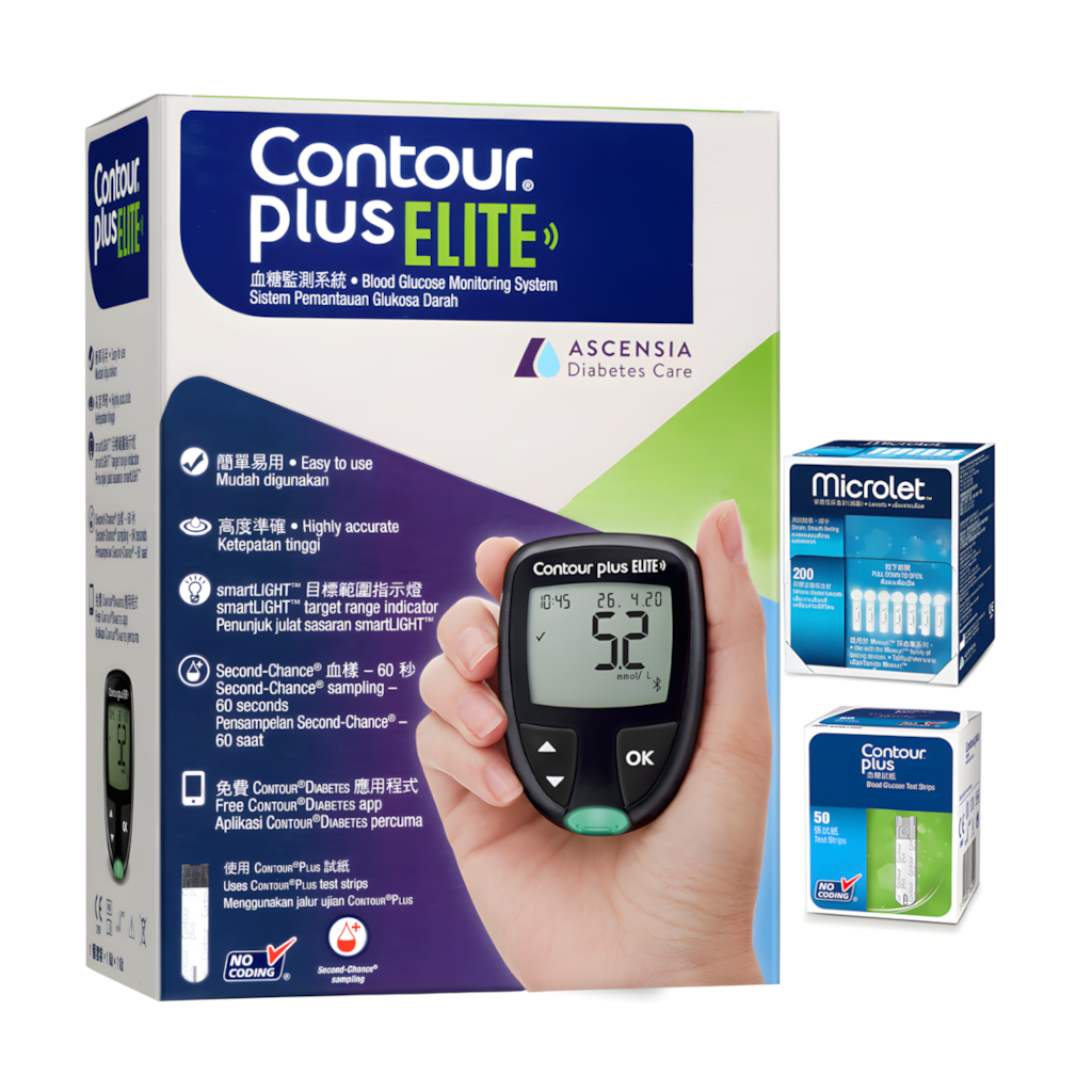 Contour® Plus Elite Blood Glucose Meter Set (100 test strips, 200 need ...